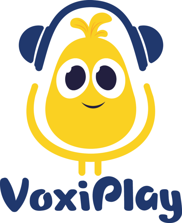 A yellow cartoon character with navy headphones. Underneath appears the word VoxiPlay in navy